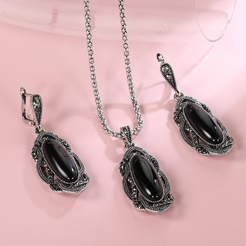 Wbmqda fierbinte boemă mare opal cercei piatră colier seturi de bijuterii boho cercei vintage tibetan argint negru cristal pentru femei