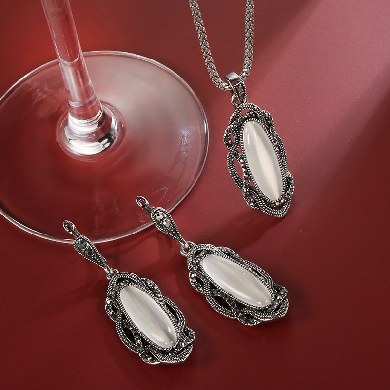 Wbmqda fierbinte boemă mare opal cercei piatră colier seturi de bijuterii boho cercei vintage tibetan argint negru cristal pentru femei