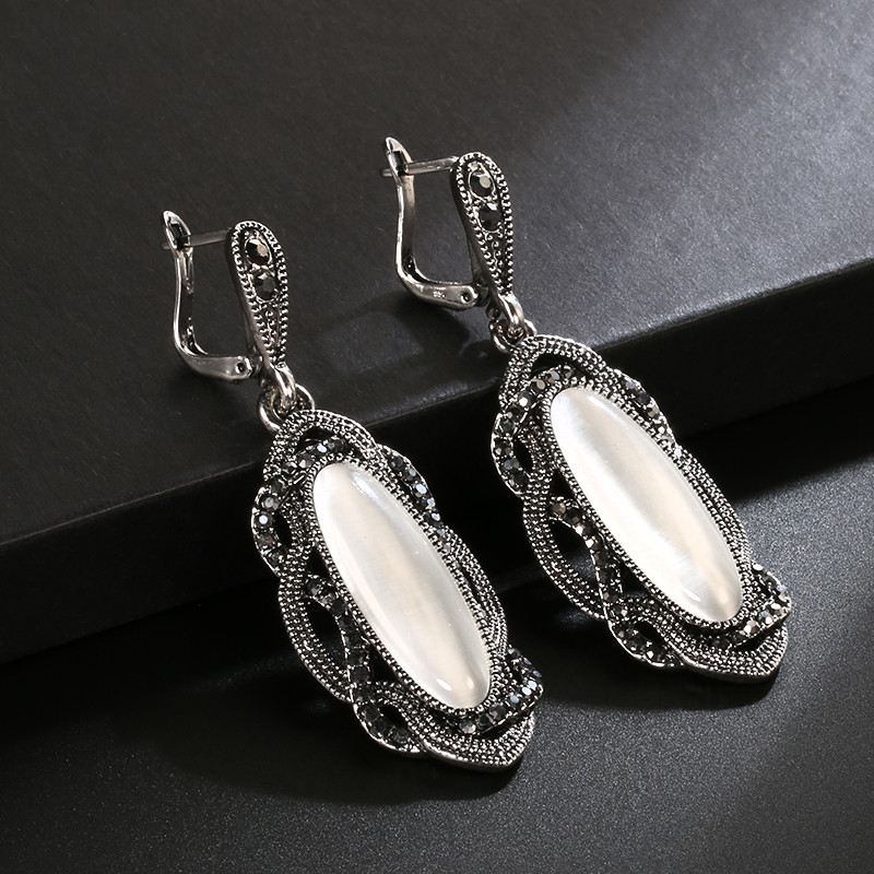 Wbmqda fierbinte boemă mare opal cercei piatră colier seturi de bijuterii boho cercei vintage tibetan argint negru cristal pentru femei