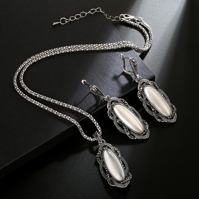 Wbmqda fierbinte boemă mare opal cercei piatră colier seturi de bijuterii boho cercei vintage tibetan argint negru cristal pentru femei