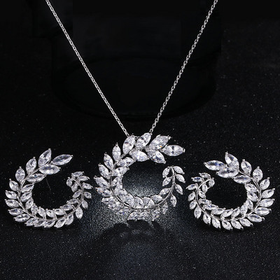 Seturi de colier, cercei cu frunze de zirconiu cubic, la modă, pentru femei, set elegant de bijuterii pentru nunta de mireasă