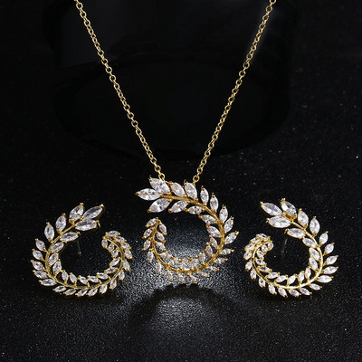 Seturi de colier, cercei cu frunze de zirconiu cubic, la modă, pentru femei, set elegant de bijuterii pentru nunta de mireasă