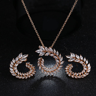 Seturi de colier, cercei cu frunze de zirconiu cubic, la modă, pentru femei, set elegant de bijuterii pentru nunta de mireasă