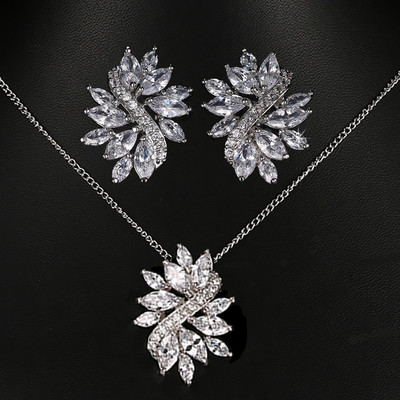 Seturi de colier, cercei cu frunze de zirconiu cubic, la modă, pentru femei, set elegant de bijuterii pentru nunta de mireasă