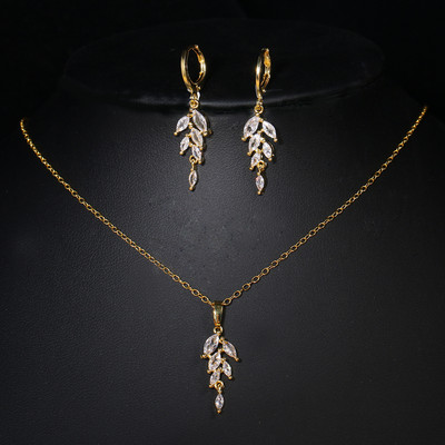 Seturi de colier, cercei cu frunze de zirconiu cubic, la modă, pentru femei, set elegant de bijuterii pentru nunta de mireasă