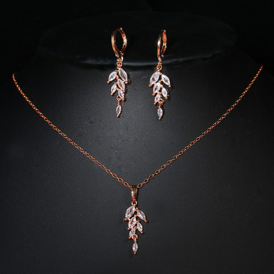 Seturi de colier, cercei cu frunze de zirconiu cubic, la modă, pentru femei, set elegant de bijuterii pentru nunta de mireasă