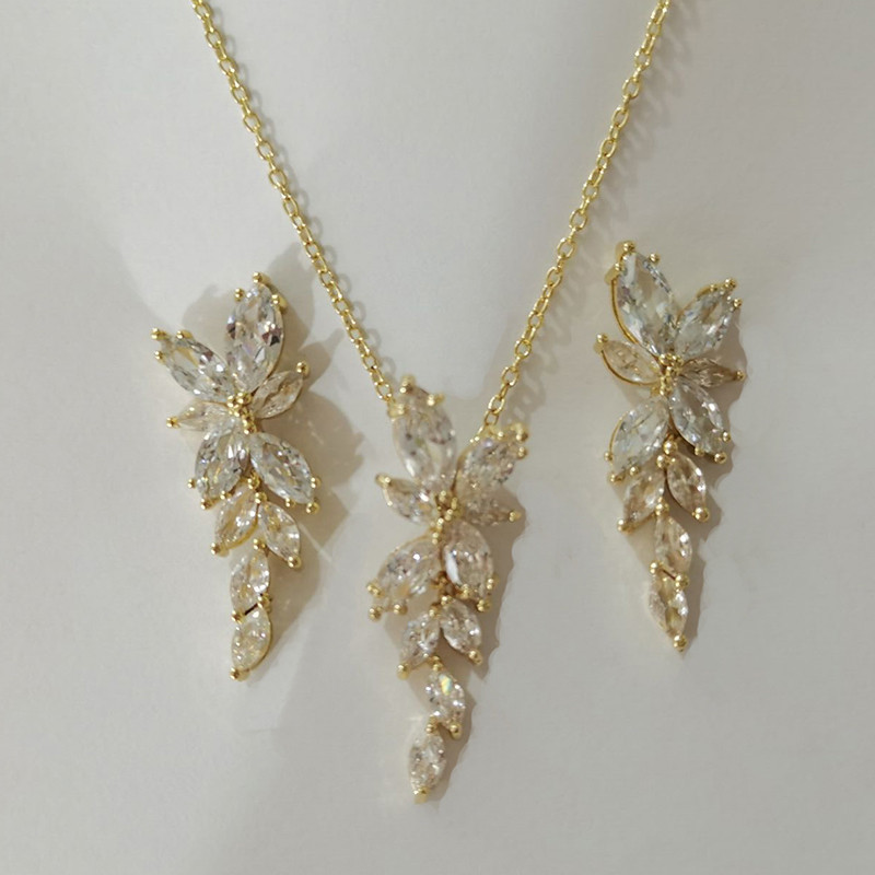 Seturi de colier, cercei cu frunze de zirconiu cubic, la modă, pentru femei, set elegant de bijuterii pentru nunta de mireasă