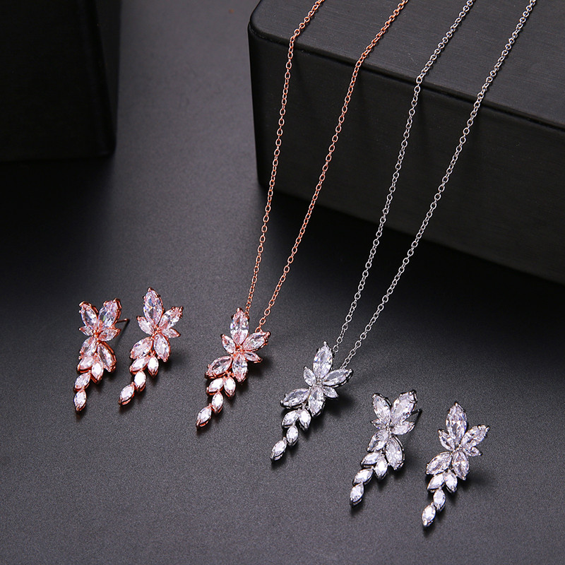 Seturi de colier, cercei cu frunze de zirconiu cubic, la modă, pentru femei, set elegant de bijuterii pentru nunta de mireasă