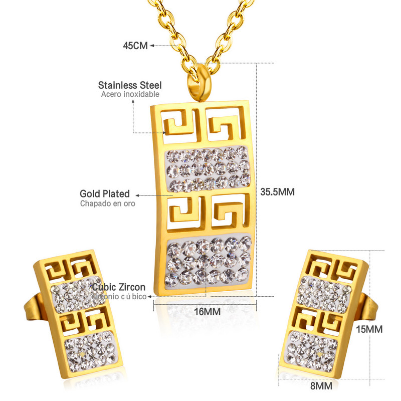 LUXUSTEE Set de bijuterii din zirconiu cubic de mireasă, de culoare aurie, de culoare argintiu, cu pandantiv cu geometrie, din oțel inoxidabil, pentru femei.