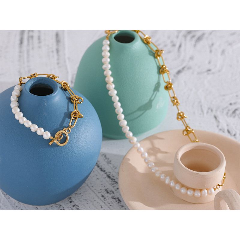 Yhpup elegáns természetes gyöngy lánc nyaklánc karkötő rozsdamentes acél Pvd színű vízálló ékszer szett női anya ajándék