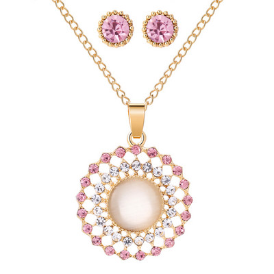 Design nou Seturi de bijuterii rotunde Opal Set de cercei colier pentru femei de culoare aurie pandantive cerc goloase cu cercei de cristal