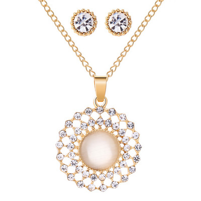 Design nou Seturi de bijuterii rotunde Opal Set de cercei colier pentru femei de culoare aurie pandantive cerc goloase cu cercei de cristal