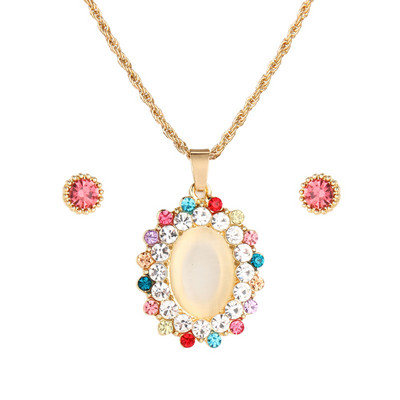 Design nou Seturi de bijuterii rotunde Opal Set de cercei colier pentru femei de culoare aurie pandantive cerc goloase cu cercei de cristal