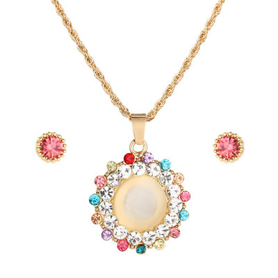 Design nou Seturi de bijuterii rotunde Opal Set de cercei colier pentru femei de culoare aurie pandantive cerc goloase cu cercei de cristal
