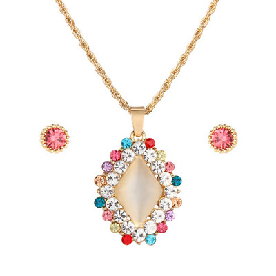 Design nou Seturi de bijuterii rotunde Opal Set de cercei colier pentru femei de culoare aurie pandantive cerc goloase cu cercei de cristal