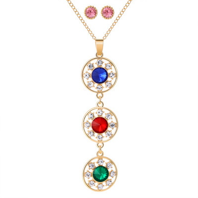 Design nou Seturi de bijuterii rotunde Opal Set de cercei colier pentru femei de culoare aurie pandantive cerc goloase cu cercei de cristal