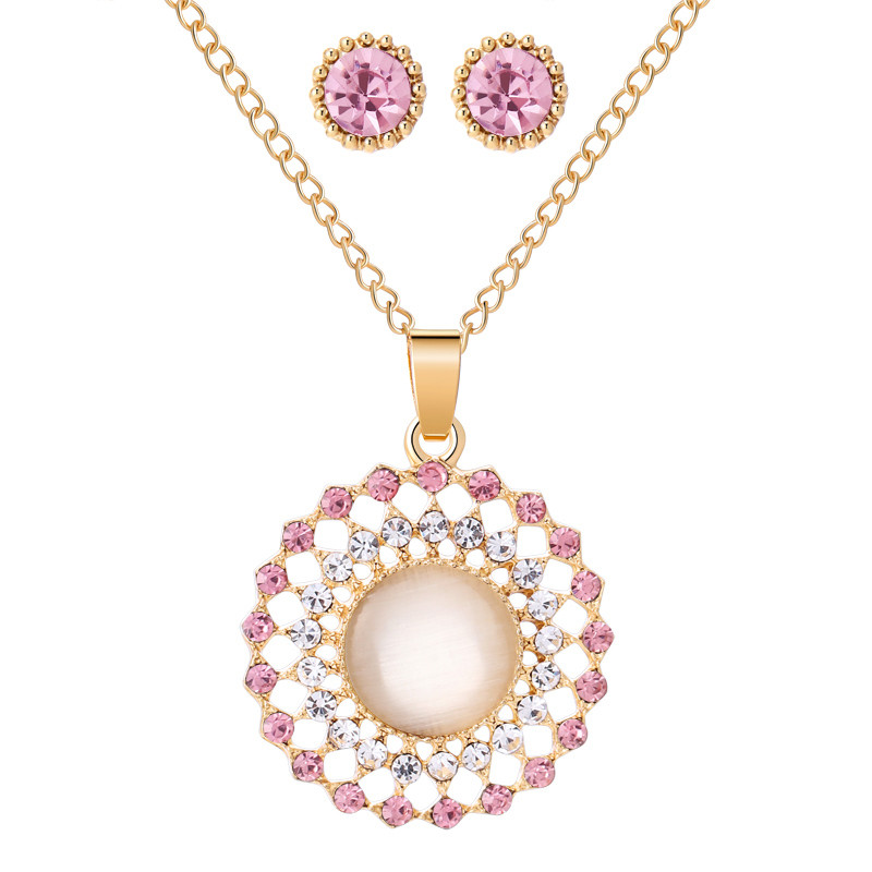 Design nou Seturi de bijuterii rotunde Opal Set de cercei colier pentru femei de culoare aurie pandantive cerc goloase cu cercei de cristal