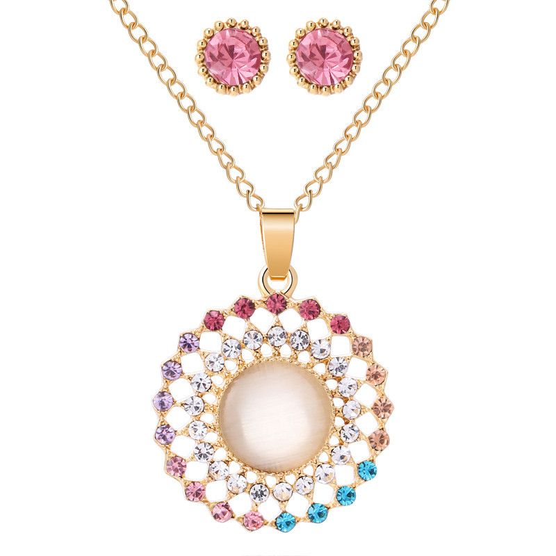 Design nou Seturi de bijuterii rotunde Opal Set de cercei colier pentru femei de culoare aurie pandantive cerc goloase cu cercei de cristal