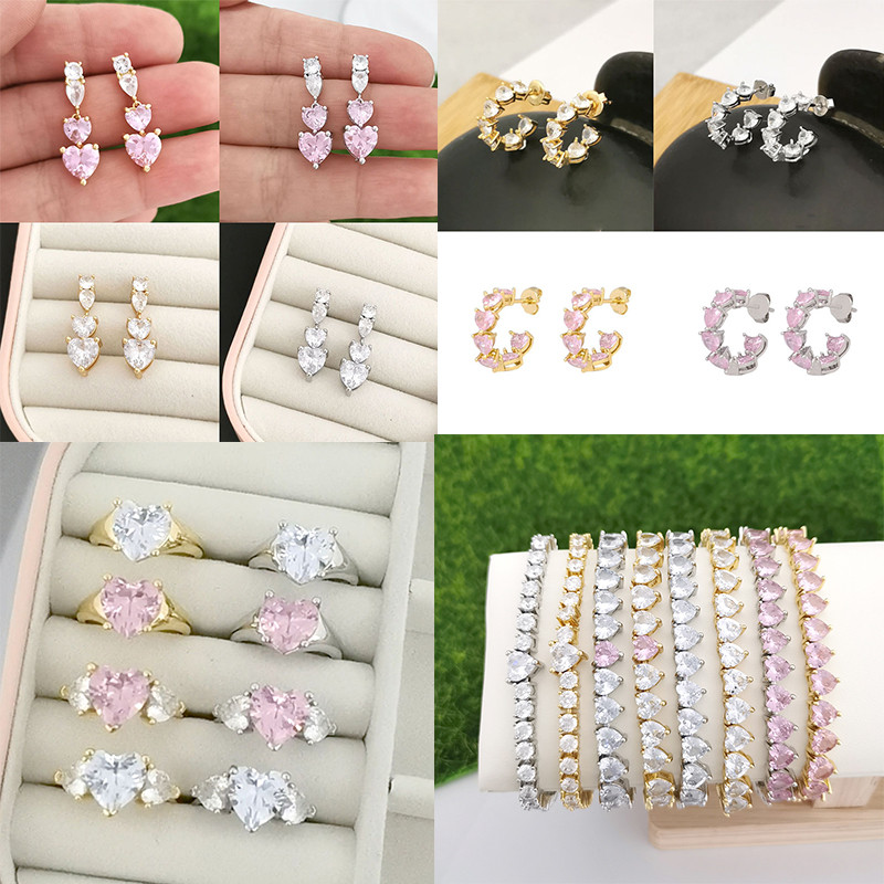 QMHJE Cristal Roz Piatra Inima Dragoste Cercei Bratara Inel Colier Choker pentru Femei Nunta Aur Argintiu Culoare Tenis Infinit