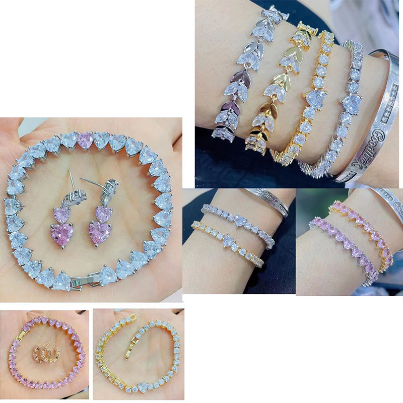 QMHJE Cristal Roz Piatra Inima Dragoste Cercei Bratara Inel Colier Choker pentru Femei Nunta Aur Argintiu Culoare Tenis Infinit