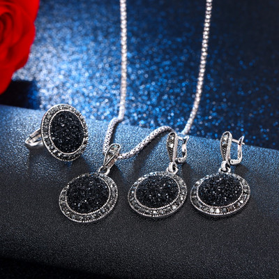 VKME Vintage Crystal Round Ehted Naistele Võluv kaelakee Kõrvarõngad Värvus Must Moepeo Kõrvarõnga Ehted Uus saabumine