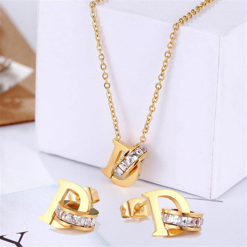 316L rozsdamentes acél AAA cirkon D betűs ékszerkészlet Acero Inoxidable Ювелирные Наборы Zestawy Biżuterii