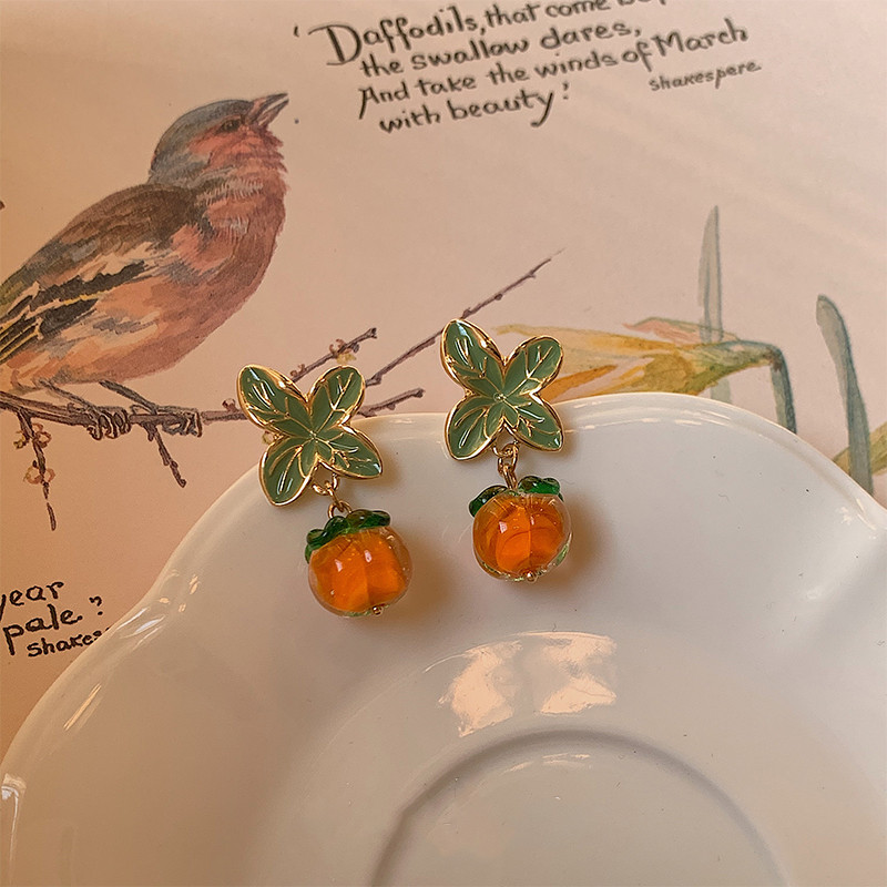 Cercei cu șuruburi cu frunze de flori de culoare portocalie, creativi, pentru femei, pictură, cercei din sticlă glazurată în ulei, accesorii de bijuterii