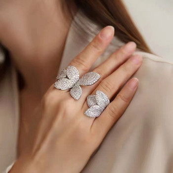 Голям сребърен регулируем пръстен с цветни листа с блестящ циркон за жени, сватбени годежи, модни бижута, тенденция за 2022 г.