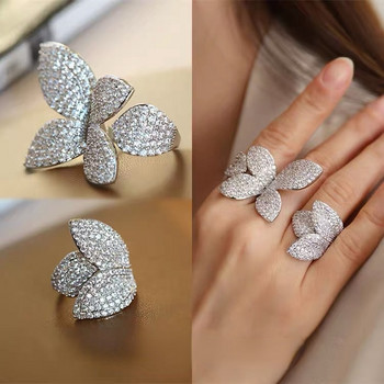 Ρυθμιζόμενο δαχτυλίδι σε μεγάλο ασημί χρώμα με φύλλα λουλουδιών με πέτρα ζιργκόν Bling για γυναικεία κοσμήματα μόδας αρραβώνων 2022 Τάση