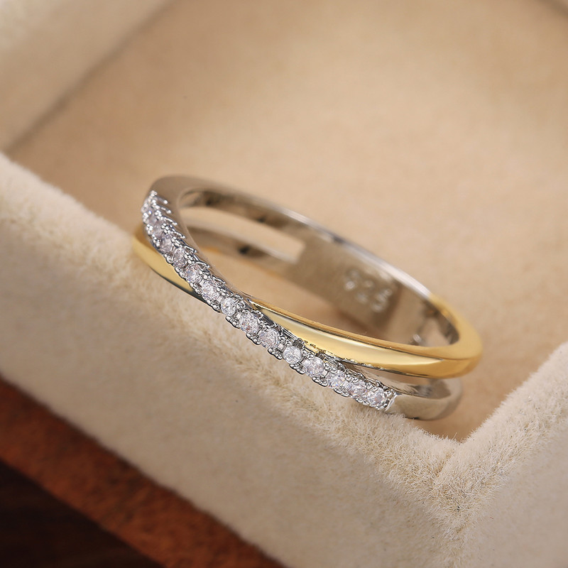 Huitan Klasický jednoduchý dámsky prsteň v tvare X s krížom, luxusný kovový prsteň s CZ kameňom, zmesou kameňov, vysoko kvalitný svadobný prsteň, denný, všestranný dizajn