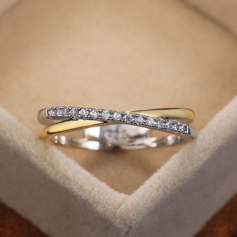 Huitan Klasický jednoduchý dámsky prsteň v tvare X s krížom, luxusný kovový prsteň s CZ kameňom, zmesou kameňov, vysoko kvalitný svadobný prsteň, denný, všestranný dizajn