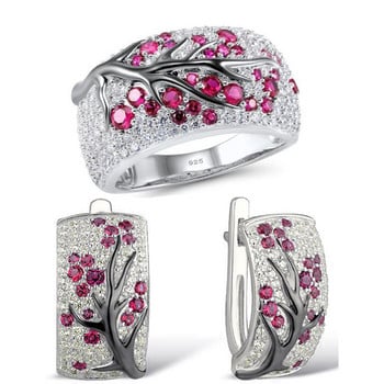 LXOEN Модни луксозни комплекти бижута с микроинкрустирани клонки на сливово дърво за жени С обеци и пръстен от червен циркон Сватбен комплект бижута