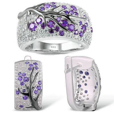 LXOEN Модни луксозни комплекти бижута с микроинкрустирани клонки на сливово дърво за жени С обеци и пръстен от червен циркон Сватбен комплект бижута