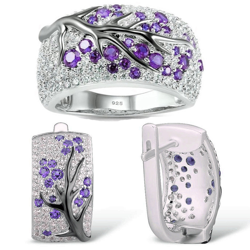 LXOEN Модни луксозни комплекти бижута с микроинкрустирани клонки на сливово дърво за жени С обеци и пръстен от червен циркон Сватбен комплект бижута