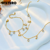DIEYURO 316L din oțel inoxidabil, pătrat geometric, rotund, alb, zircon, cristal, colier, brățară, set de bijuterii pentru femei, cadouri de aniversare