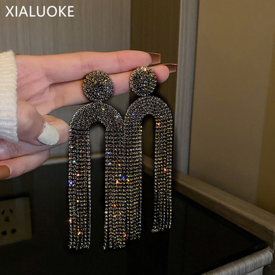 Висящи обеци с геометрични кристали XIALUOKE с пискюли за жени Винтидж хипербола, пълни обеци с кристали, капки, модни бижута