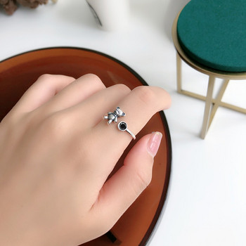 100% плътно 925 стерлингово сребро, мечка, черни каменни пръстени за жени Семпли модерни ретро Anillos Парти подаръци Аксесоари