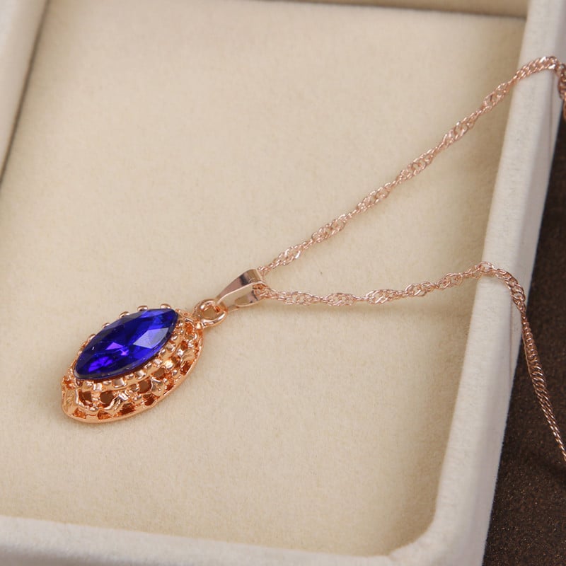 MINHIN Colier cu lanț lung de culoare aurie Bijuterii cu pandantiv din cristal sintetic albastru Set de bijuterii de nuntă de lux pentru femei, 3 piese