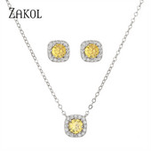 ZAKOL Fashion, Galben, Alb, Zirconiu Cubic, Colier, Cercei Patrati, Set Colier pentru Femei Bijuterii de nunta de cristal rotund stralucitor SP314