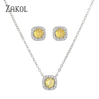 ZAKOL Fashion, Galben, Alb, Zirconiu Cubic, Colier, Cercei Patrati, Set Colier pentru Femei Bijuterii de nunta de cristal rotund stralucitor SP314