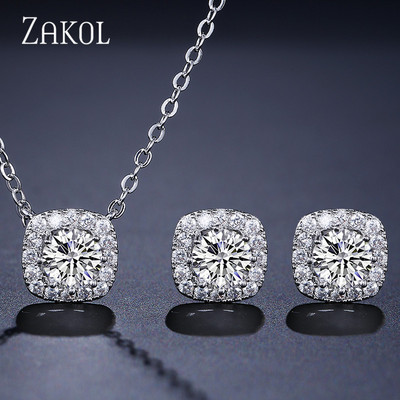 ZAKOL Fashion, Galben, Alb, Zirconiu Cubic, Colier, Cercei Patrati, Set Colier pentru Femei Bijuterii de nunta de cristal rotund stralucitor SP314