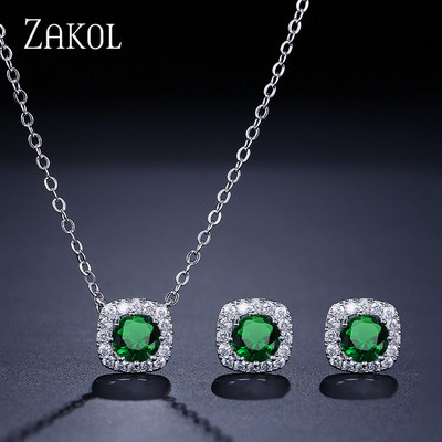 ZAKOL Fashion, Galben, Alb, Zirconiu Cubic, Colier, Cercei Patrati, Set Colier pentru Femei Bijuterii de nunta de cristal rotund stralucitor SP314