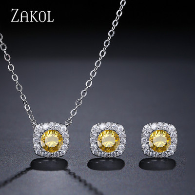 ZAKOL Fashion, Galben, Alb, Zirconiu Cubic, Colier, Cercei Patrati, Set Colier pentru Femei Bijuterii de nunta de cristal rotund stralucitor SP314