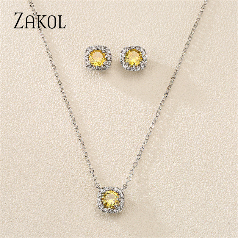 ZAKOL Fashion, Galben, Alb, Zirconiu Cubic, Colier, Cercei Patrati, Set Colier pentru Femei Bijuterii de nunta de cristal rotund stralucitor SP314