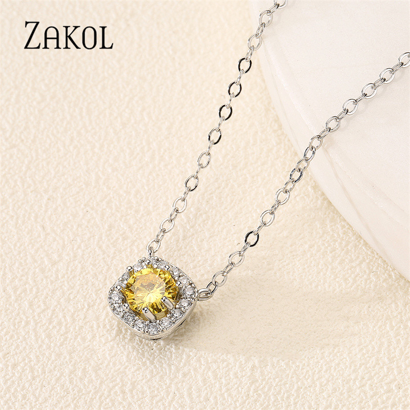 ZAKOL Fashion, Galben, Alb, Zirconiu Cubic, Colier, Cercei Patrati, Set Colier pentru Femei Bijuterii de nunta de cristal rotund stralucitor SP314