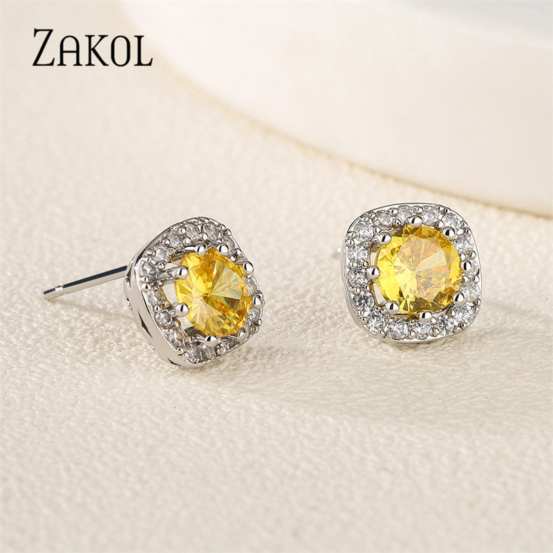 ZAKOL Fashion, Galben, Alb, Zirconiu Cubic, Colier, Cercei Patrati, Set Colier pentru Femei Bijuterii de nunta de cristal rotund stralucitor SP314