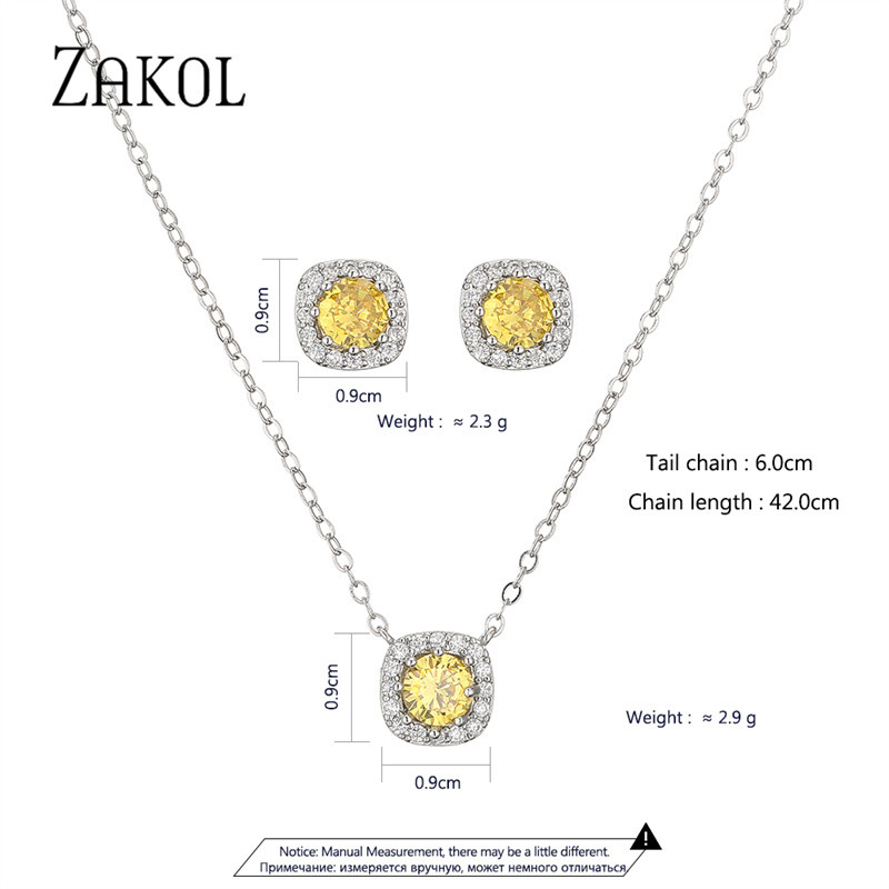 ZAKOL Fashion, Galben, Alb, Zirconiu Cubic, Colier, Cercei Patrati, Set Colier pentru Femei Bijuterii de nunta de cristal rotund stralucitor SP314