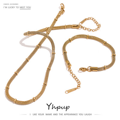 Комплект бижута с верига от неръждаема стомана Yhpup Изящен златен метал 18 K PVD покритие Колие Комплект гривни Водоустойчив Bijoux Femme
