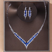 TREAZY Set de bijuterii de mireasă de nuntă, elegant, cu stras albastru, pentru femei, placat cu argint, în formă de V, colier, cercei