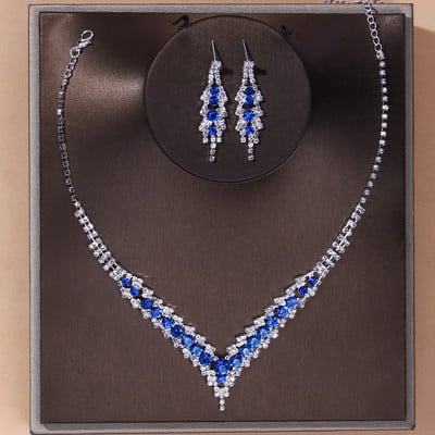 TREAZY Set de bijuterii de mireasă de nuntă, elegant, cu stras albastru, pentru femei, placat cu argint, în formă de V, colier, cercei